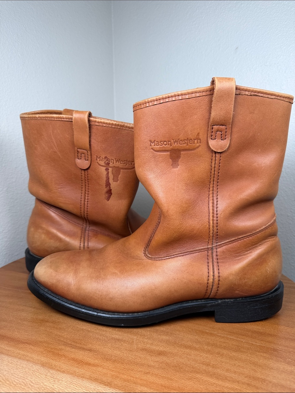 Mason Western Brown Leather Cowboy Work Boots Mens Sz 9EE Squared Toe